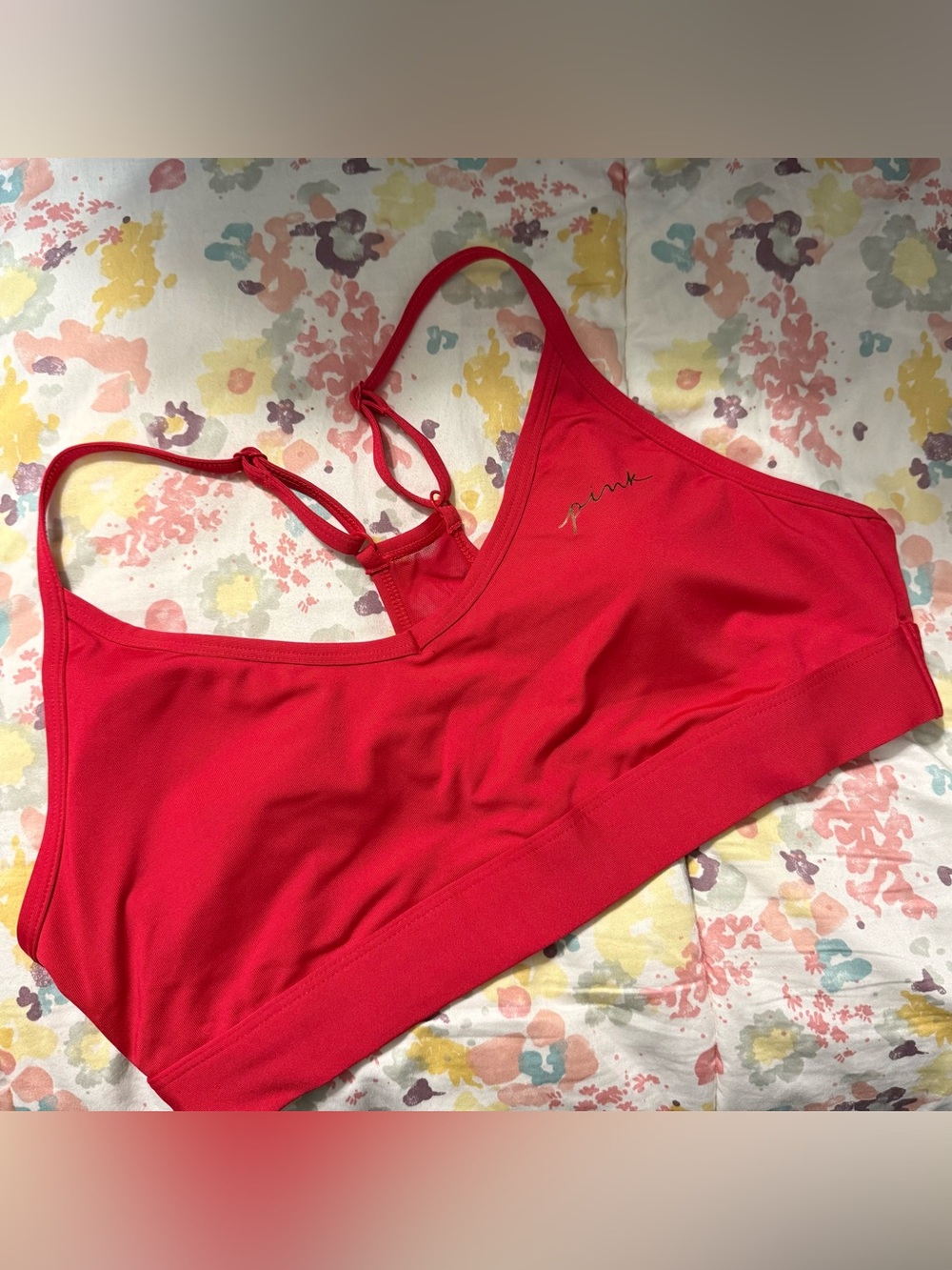 PINK SPORT Red Strappy V Sports Bra (L) w/ Small Gold Script Pink Logo